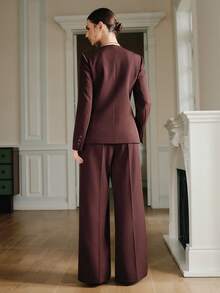 Anewsta 优雅女士套装，饰有水钻链条，长袖开襟西装外套搭配休闲飘逸西装裤，适合秋季、冬季、新年、正式场合，时尚别致。 - 棕色 - 查看 2