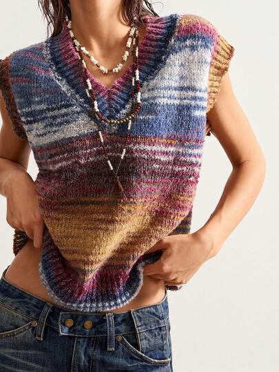 Bohemela Women's Casual Striped V-Neck Knitted Vest, Autumn/Winter