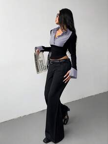 Rina Fox 女式撞色前扣不对称下摆长袖衬衫