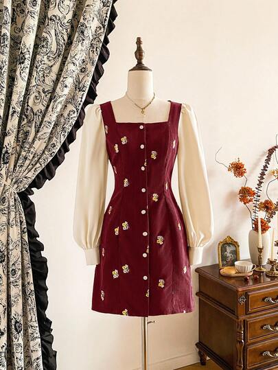 Vintamour Vintage Classic Elegant Women's Dress, Autumn/Winter Fitted Ladies' Corduroy Embroidered Dress, Long Sleeve Short Dress, Apricot Coffee Dress, Patchwork Dress, Square Collar Dress Burgundy