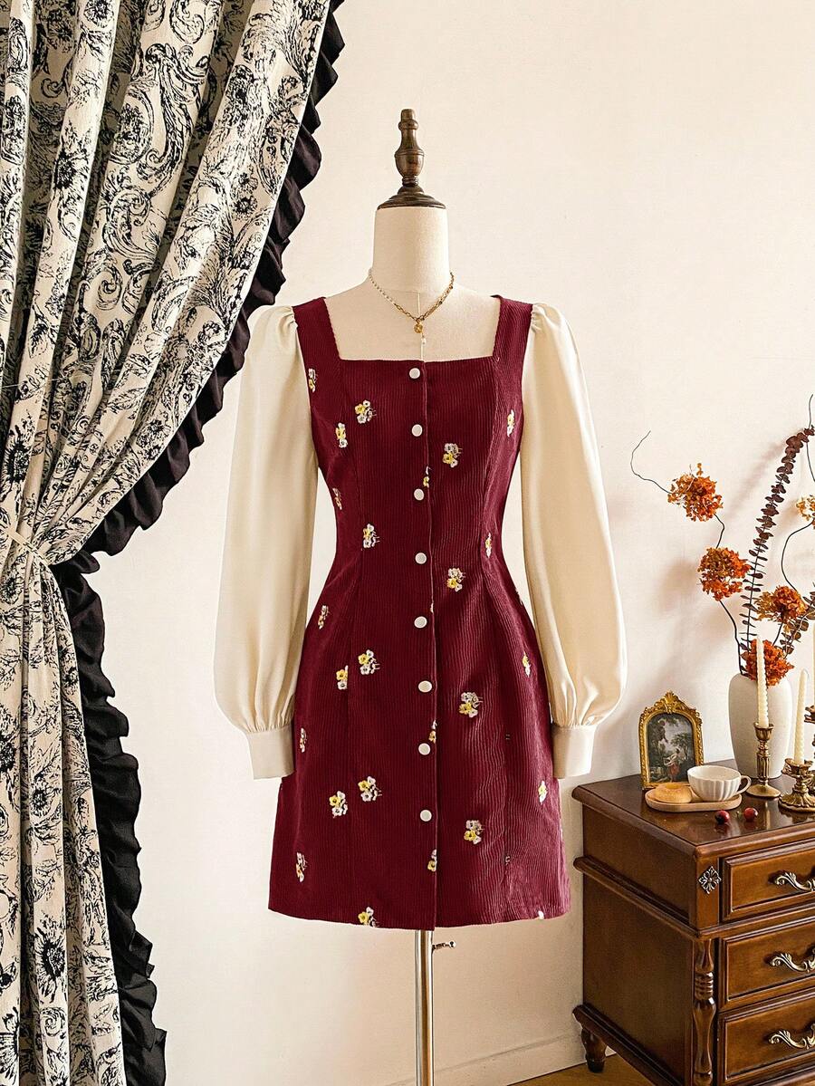 Vintamour Vintage Classic Elegant Women's Dress, Autumn/Winter Fitted Ladies' Corduroy Embroidered Dress, Long Sleeve Short Dress, Apricot Coffee Dress, Patchwork Dress, Square Collar Dress Burgundy - Burgundy - View 1