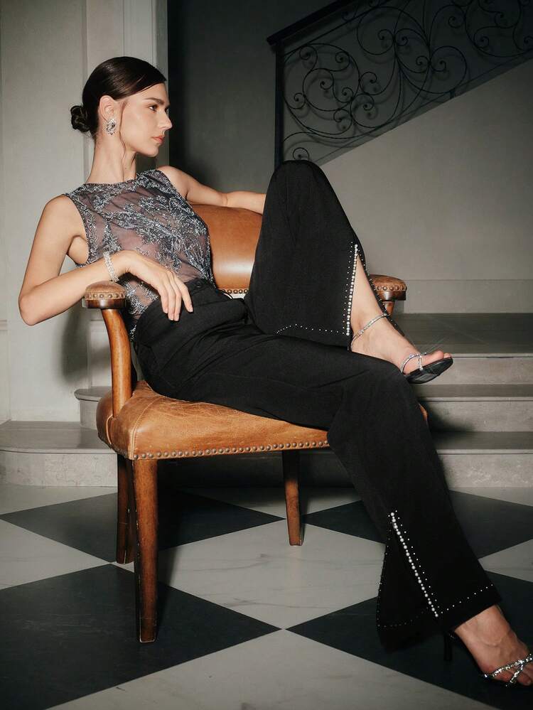 Women's Elegant Vintage Design Flared Leg Pearl Decor Pants
