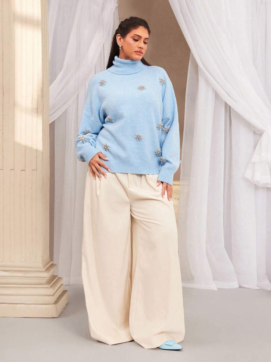 VOLUPTÉ CURVE Plus Size Autumn Blue Knit High Neck Long-Sleeve Side Slit Baby Wool Blend Crystal Star Embellished Mid-Length Elegant Pullover Sweater For Party - Blue - View 1