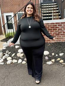 Enliva 2 peças/conjunto casual e simples monocromática plus size camisetas de gola alta, primavera e outono - Preto e Branco - Ver 6