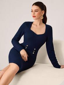 Modelyn Square Neck Double-Breasted Fitted Waist Bodycon Elegant Long Sleeve Mini Dress For Women - Navy Blue - View 1