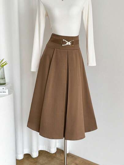 Celisse Women's Elegant Solid Color Pleated A-Line Skirt, Autumn