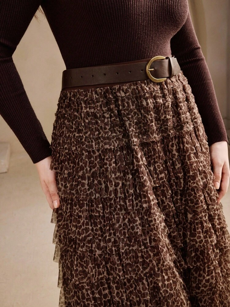 Falda de malla con estampado de leopardo en capas con cinturón, de corte evasé, de estilo elegante, para otoño/invierno, talla grande