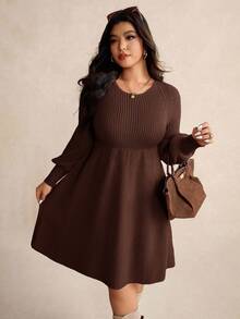 Elaquor Váy len chữ A họa tiết ren vá thanh lịch cỡ lớn - Cà phê nâu - Xem 5