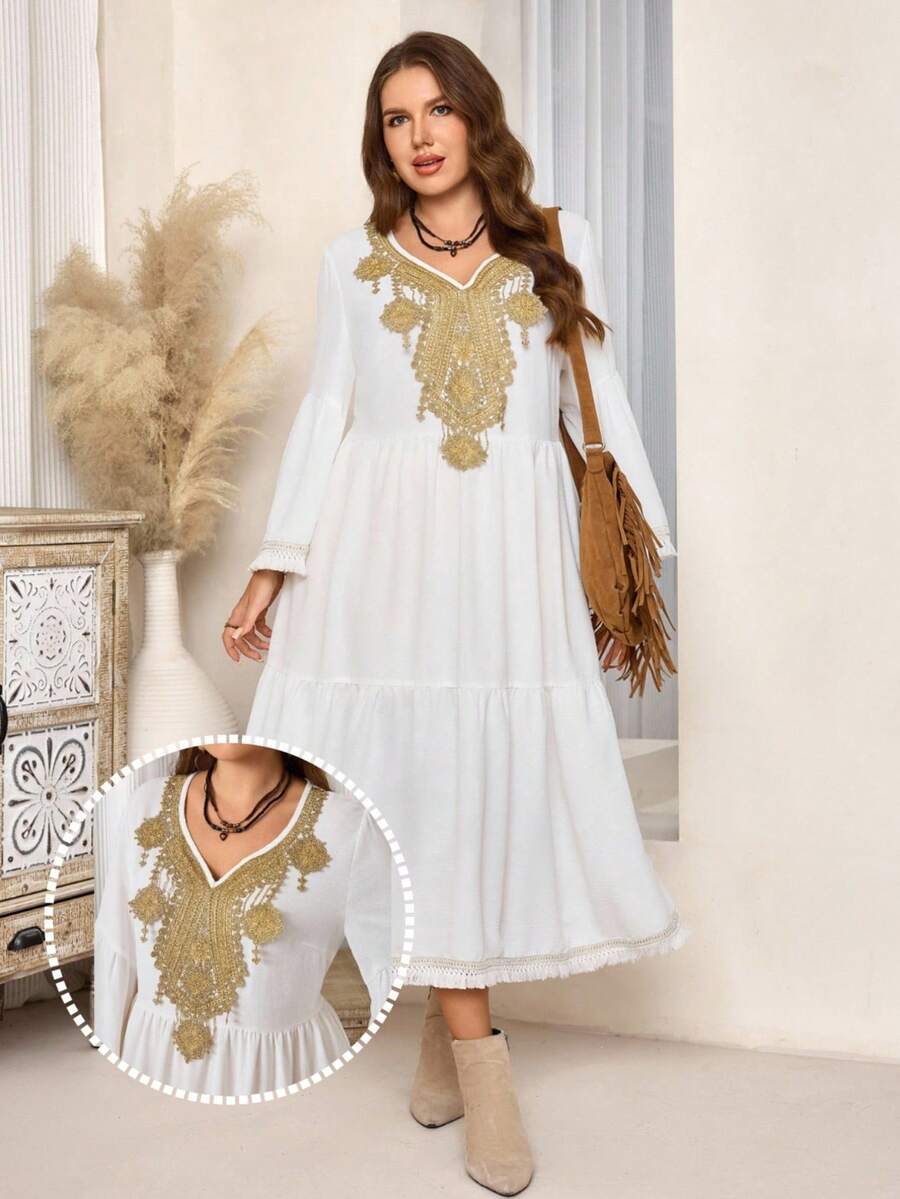 EMERY ROSE Váy dài tay cổ chữ V viền bèo nhún cỡ lớn - trắng - Xem 1