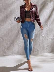 SHEIN Tall Zip Up PU Moto Jacket In Fall/Winter - Burgundy - View 4