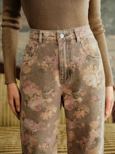 Anewsta Women's Elegant Chic Luxury Fashion Printed Brown Straight Pants, Suitable For Dates, Halloween, Christmas, Autumn/Winter