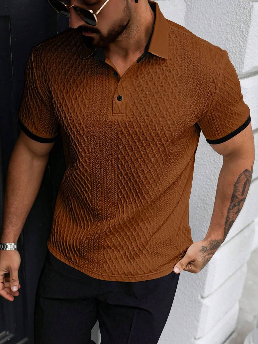 Manfinity Homme 男士纯色简约日常短袖Polo衫,男士纽扣针织Polo衫,锈红色衬衫,棕色男士上衣,针织男士衬衫,纹理短袖休闲Polo衫,锈红色男士衬衫,复古风格,日常休闲,周末旅行,户外活动,探险旅行,轻松的工作环境或半正式场合,男友/丈夫礼物,周年纪念/生日礼物,派对,圣诞节,新年,婚礼 - 咖啡棕 - 查看 1