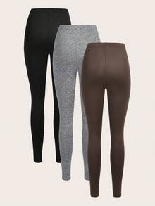 SHEIN EZwear 3 件纯色百搭修身打底裤，适合春秋季休闲外出 - 彩色 - 查看 2