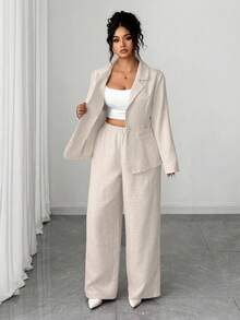 Elenzga Plus Size Elegant Solid Color Long Sleeve Jacket & Pants Suit Set - Apricot - View 5