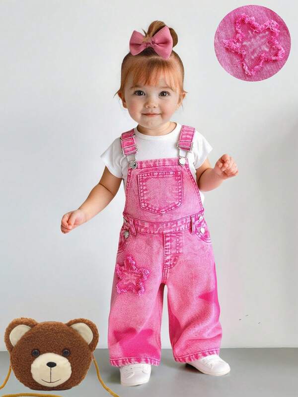 SHEIN Baby Girl Y2K Pink Denim Frayed Star Loose Fit Overalls Fall Winter,Fall Clothes,Winter Clothes ,Casual And Fashionable Vacation Outfits