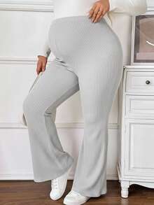 SHEIN Quần ống loe cạp cao có thể điều chỉnh màu trơn dành cho phụ nữ mang thai cỡ lớn, lót nhiệt - Xám - Xem 3