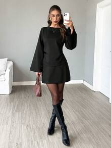 SHEIN LUNE 2 pièces/Set Femme Style Décontracté Ample Élégant Style Navette Manches Cloche Nœud Dos Blouse et Jupe Trapèze, Automne/Hiver