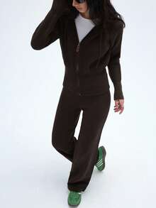 Aveloria Affinna Conjunto casual de 2 piezas de suéter con capucha con cremallera de manga larga de unicolor y pantalones de punto para mujer, otoño/invierno