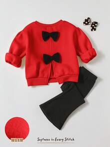 Cozy Pixies Conjunto de 2 peças de blusa e calça boca de sino para bebê menina com estampa de laço e gola redonda - Vermelho - Ver 3