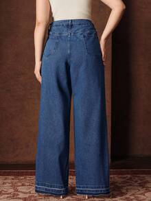 Anewsta 街头时尚水钻装饰女式直筒蓝色牛仔裤，适合秋冬、圣诞节、新年，优雅、奢华、别致、休闲 - 藍色 - 查看 2