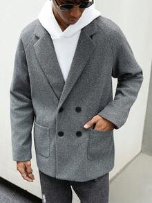 Manfinity Roghcode Men's Fashionable Solid Color Double-Breasted Long Sleeve Overcoat, Autumn Grey Overcoat - Grey - View 4
