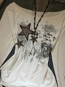 SHEIN EZwear 休闲街头复古星空涂鸦印花超大款不对称肩部荷叶边下摆长袖T恤，性感露肩套头衫，适合秋冬季节、返校季、复古风、朋克风、女士休闲风、秋冬装、嘻哈风、核心美学风格。 - 彩色 - 查看 4