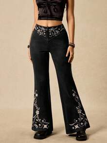 Easelle 花卉刺绣优雅女式喇叭裤 - 黑色 - 查看 3