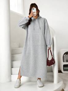 Solflare 大码女式秋季休闲连帽长袖卫衣裙，带口袋、开衩设计、加厚保暖内衬，适合秋冬季穿着。 - 淺灰色 - 查看 5