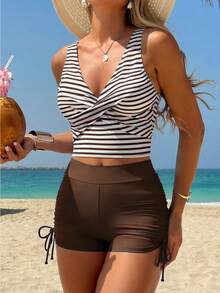 Swim Lushoire Tankini de dos piezas estampado a rayas de gran para vacaciones en la playa, Bottom de traje de baño atada a los lados, Top de chaleco sin espalda para playa, vacaciones, fiesta