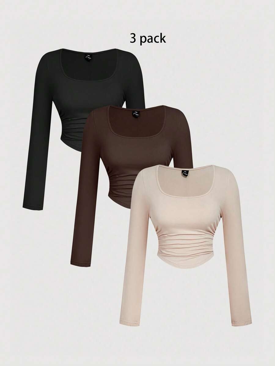 SHEIN MOD 3 Pack Plus Size Women's Square Neck Bodycon Long Sleeve Crop Tops,3pcs Pleated Smart Casual Everyday T-Shirt Set,Autumn Fall Winter ,Black - Multicolor - View 1