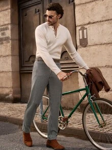 HIMLAND 男士格子口袋直筒宽松休闲裤