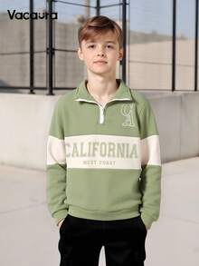 Tween Boy Stand Collar Half Zip Sweatshirt, Colorblock Casual Sporty Style Pullover - Green - View 3