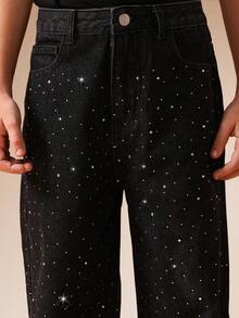 SUMWON Galaxy Print Wide Leg Denim Jeans With Starry Pattern For Casual Streetwear Everyday Wear - Black - View 5