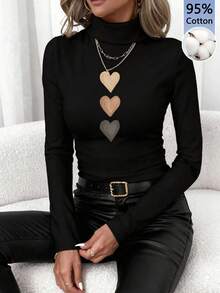 SHEIN Clasi 95% Cotton Women's Casual Turtleneck Slim Fit Long Sleeve T-Shirt With Hand-Painted Heart Pattern,Elegant & Classic,Black,Autumn,Everyday Fall Graphic - Black - View 5