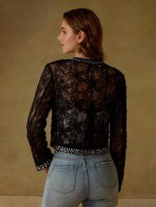 MOTF PREMIUM ELEGANTER 3D BLUMEN SPITZEN KONTRAST PAILLETTEN LEICHTER BLAZER