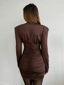 Aloruh Women's Autumn/Winter New Commuting & Casual Brown Mock Neck Ruched Bodycon Mini Dress Chocolate Brown Dress - Coffee Brown - View 2