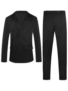 Manfinity Mode Men's Fashion Formal Double-Breasted Lapel NeckSuit Set Men Casual Suit Men Casual Suits Slim Fit Office Outfits For Men Men Black And White Outfit Men Classy Outfits - Black - View 3