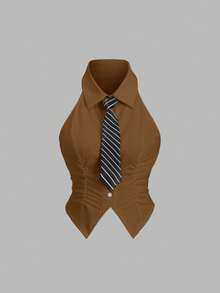 Sweetra American Chic Solid Color Sleeveless Cropped Fitted Zip-Up Fashionable Preppy Style Blouse For Women - Khaki - View 2