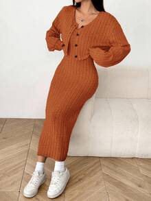 SHEIN EZwear 女式秋季新款罗纹针织落肩纽扣前襟夹克和修身中长连衣裙套装 - 鏽棕色 - 查看 6