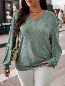 EMERY ROSE Plus Size Women Loose Fit V-Neck Ribbed Casual Sweatshirt, Autumn/Winter