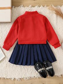 SHEIN Elladie kids 女童休闲日常针织开衫外套，带蝴蝶结，活泼可爱，与裙子搭配，秋季儿童户外两件套，返校装，秋冬华夫格纹理夹克