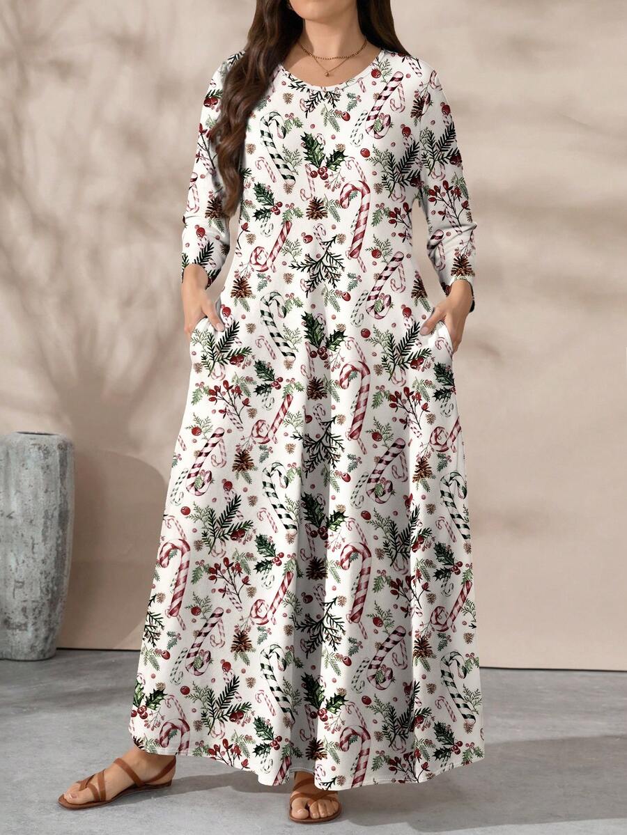 EMERY ROSE Christmas Plus Size Women Candy & Leaf Print Round Neck Long ...