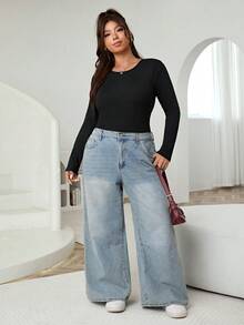 Solflare 大码女式纯色长袖抓绒连体衣，秋冬季 - 黑色 - 查看 3