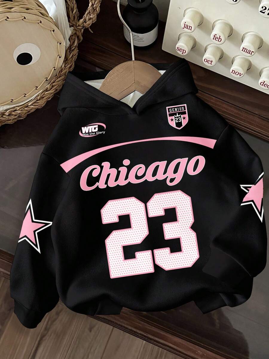 SHEIN EZwear Áo sweatshirt tay dài dáng rộng phong cách đường phố Y2K với họa tiết chữ số, chữ cái và ngôi sao, thoải mái cho mùa thu/đông. - Nhiều màu - Xem 1