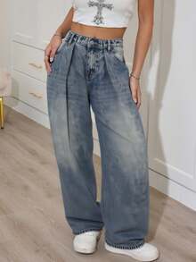 Teen Girl Blue Denim Wide Leg Pants With Ruffle Hem Fall Winter - Medium Wash - View 1