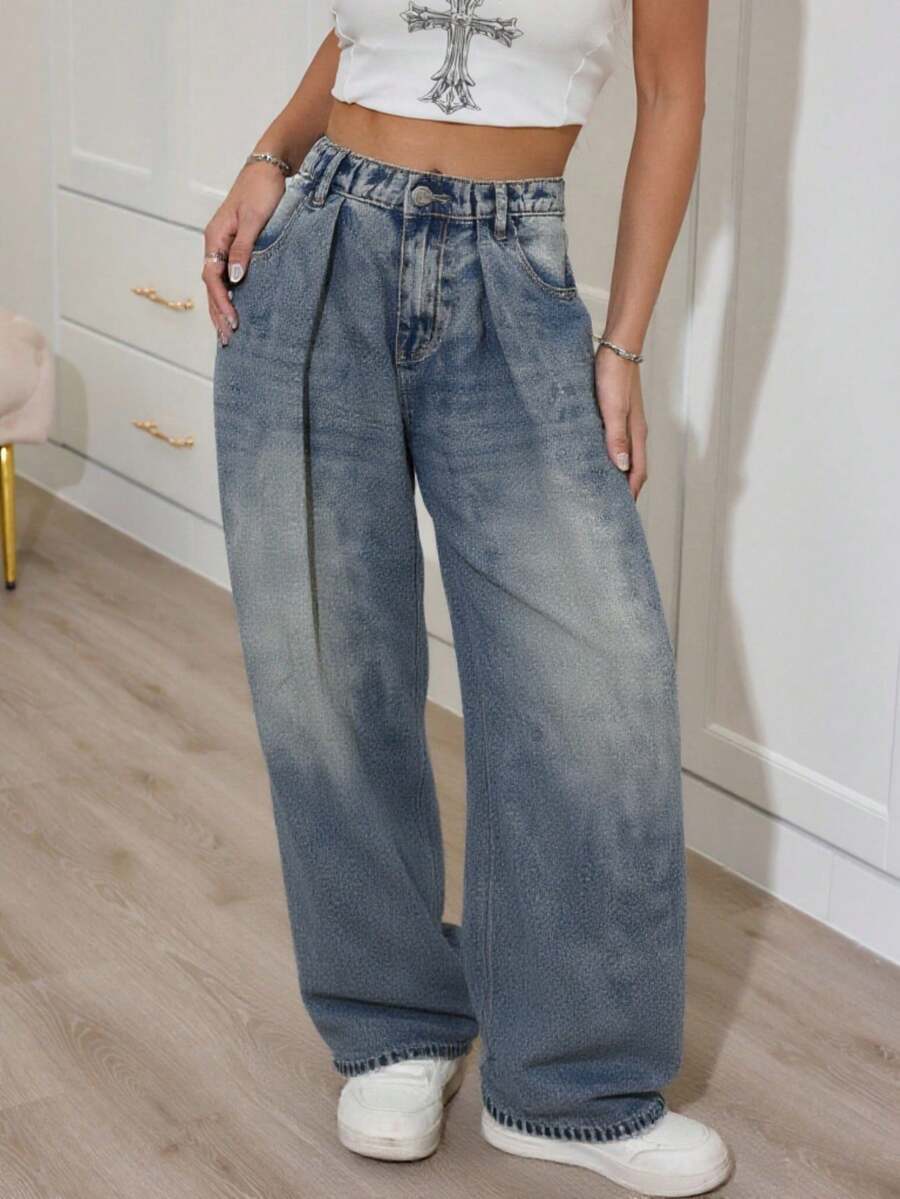 Teen Girl Blue Denim Wide Leg Pants With Ruffle Hem Fall Winter - Medium Wash - View 1