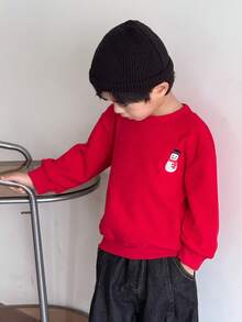 SHEIN 2件套女童圣诞刺绣图案保暖内衬休闲套头卫衣套装 - 紅白色 - 查看 5