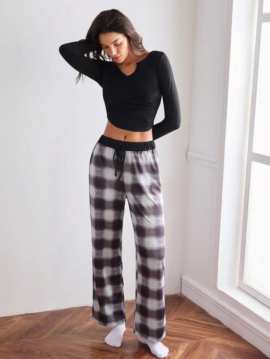 女士格子宽松休闲双腰裤，家居服下装，冬季 - 彩色 - 查看 1