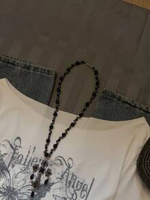 SHEIN EZwear 秋季新品超大圆领斜肩磨边蝴蝶、英文字母、心形复古朋克垃圾印花长袖性感露肩卷边女套头T恤，Y2K，适合旅行 - 彩色 - 查看 5