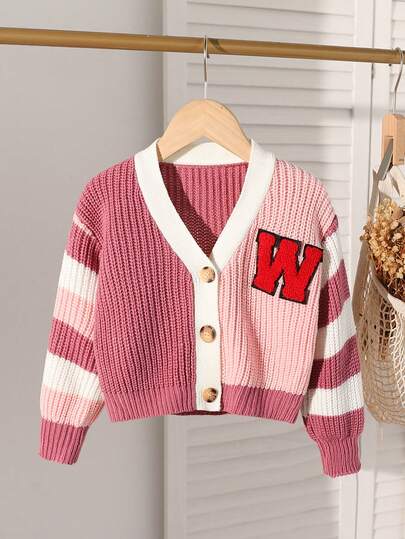 SHEIN Playful Pals Cárdigan informal de uso diario y casual para niña con bloque de color, rayas, cuello en V y parche, para otoño/invierno